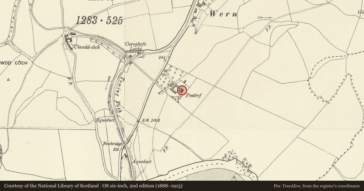 Ordnance Survey six-inch map, 2nd edition (1888–1913) covering the location of Pentref, Carreghofa, Powys, with a pin at the register's coordinates