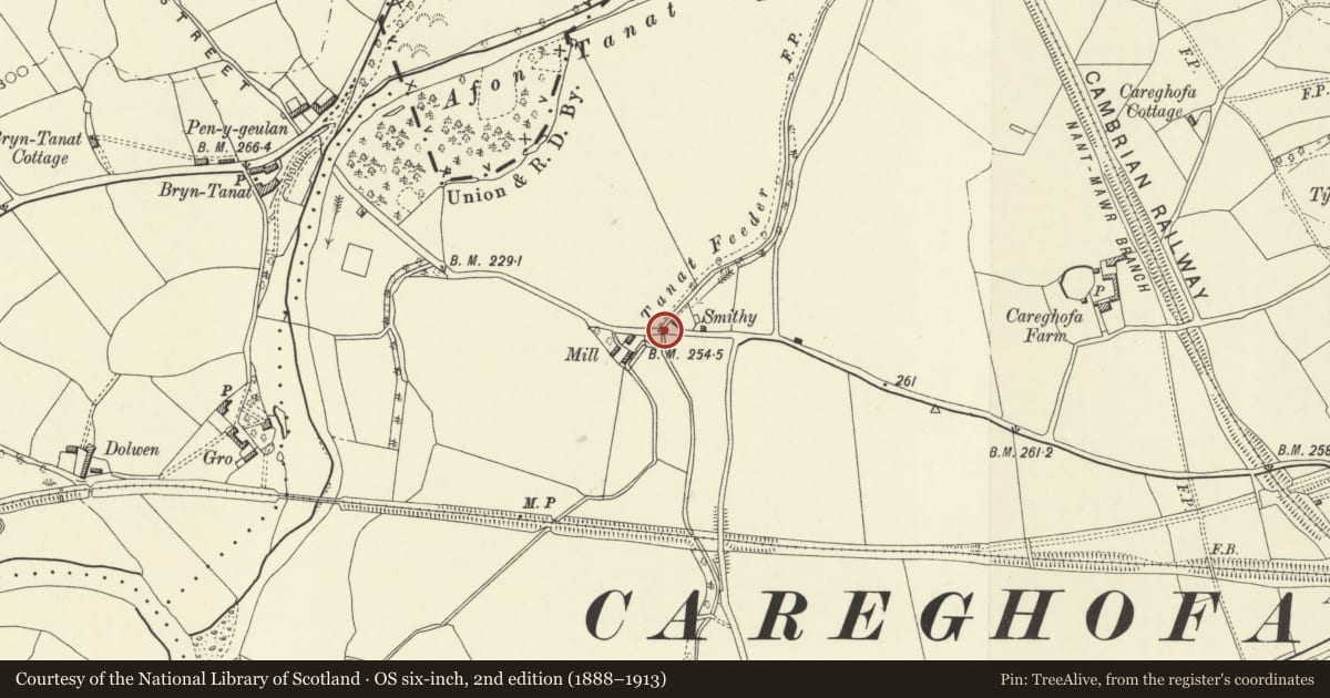 Ordnance Survey six-inch map, 2nd edition (1888–1913) covering the location of Bridge over Tanat Feeder to NE of Carreghofa Mill, Powys, with a pin at the register's coordinates