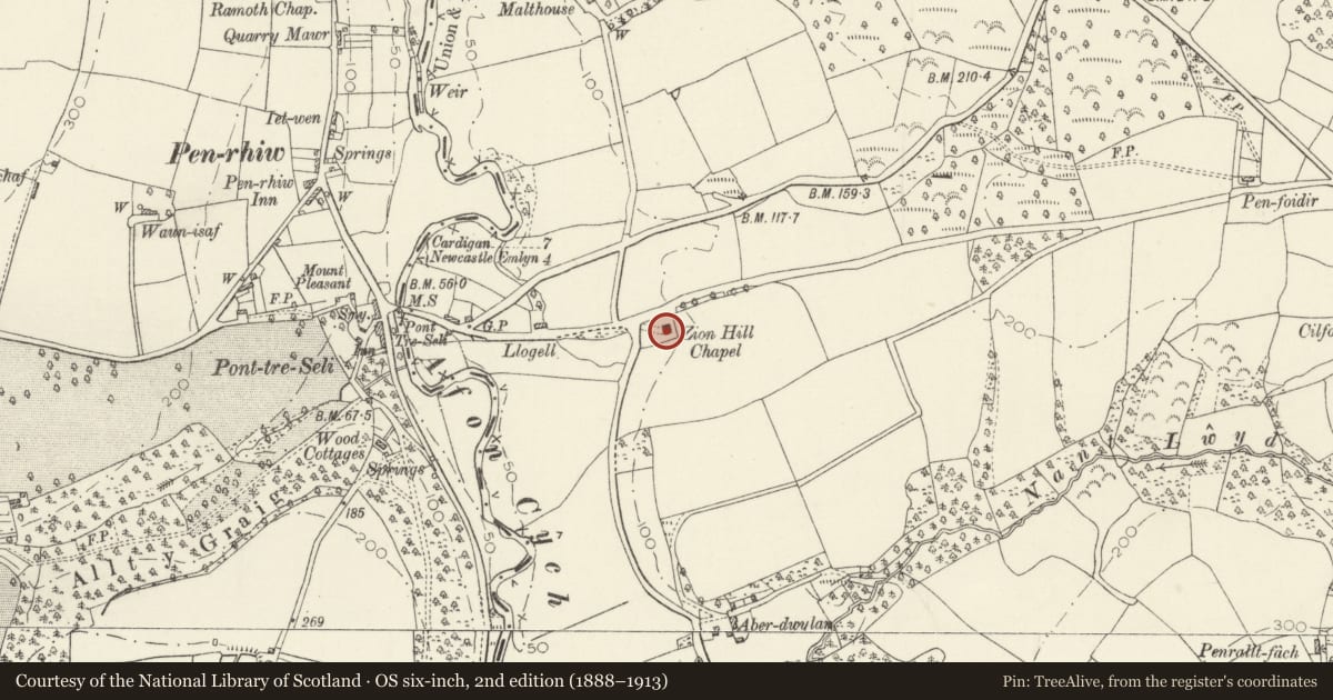 Ordnance Survey six-inch map, 2nd edition (1888–1913) covering the location of Capel Brynseion, Cenarth, Carmarthenshire, with a pin at the register's coordinates