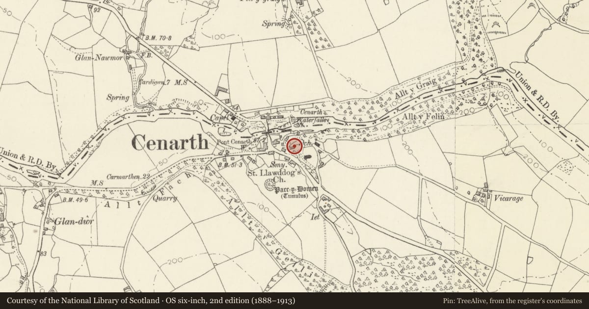 Ordnance Survey six-inch map, 2nd edition (1888–1913) covering the location of The Old Brewhouse, Cenarth, Carmarthenshire, with a pin at the register's coordinates
