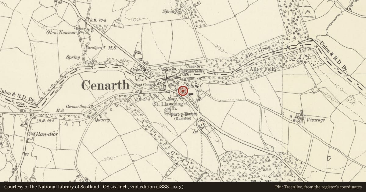 Ordnance Survey six-inch map, 2nd edition (1888–1913) covering the location of The Three Horseshoes Inn, Cenarth, Carmarthenshire, with a pin at the register's coordinates