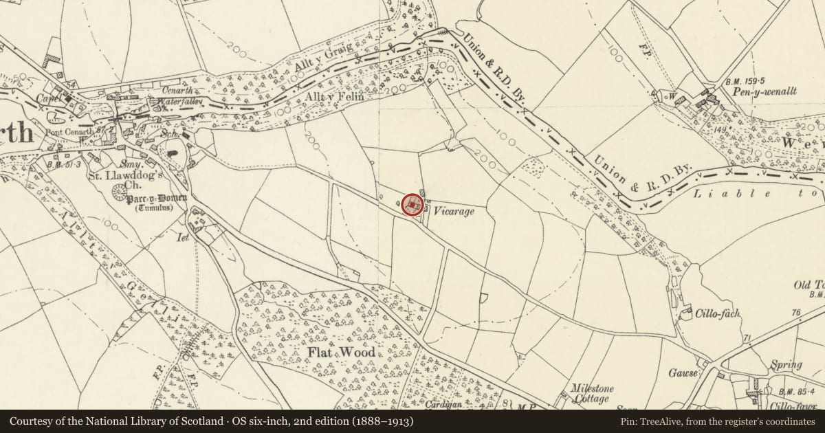 Ordnance Survey six-inch map, 2nd edition (1888–1913) covering the location of The Old Vicarage, Cenarth, Carmarthenshire, with a pin at the register's coordinates