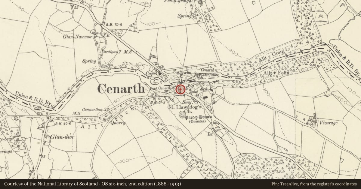 Ordnance Survey six-inch map, 2nd edition (1888–1913) covering the location of Glantrifi (The Post Office), Cenarth, Carmarthenshire, with a pin at the register's coordinates