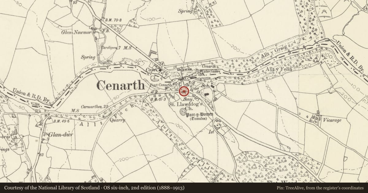 Ordnance Survey six-inch map, 2nd edition (1888–1913) covering the location of The White Hart Inn, Cenarth, Carmarthenshire, with a pin at the register's coordinates