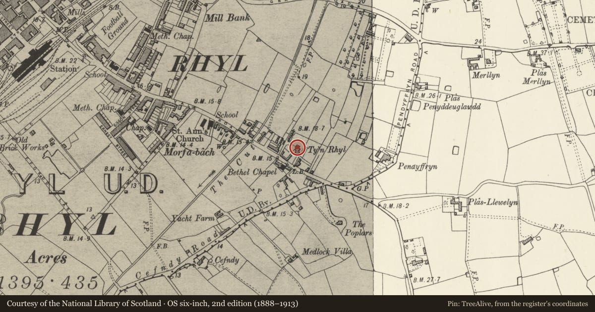 Ordnance Survey six-inch map, 2nd edition (1888–1913) covering the location of Ty'n Rhyl, Denbighshire, with a pin at the register's coordinates