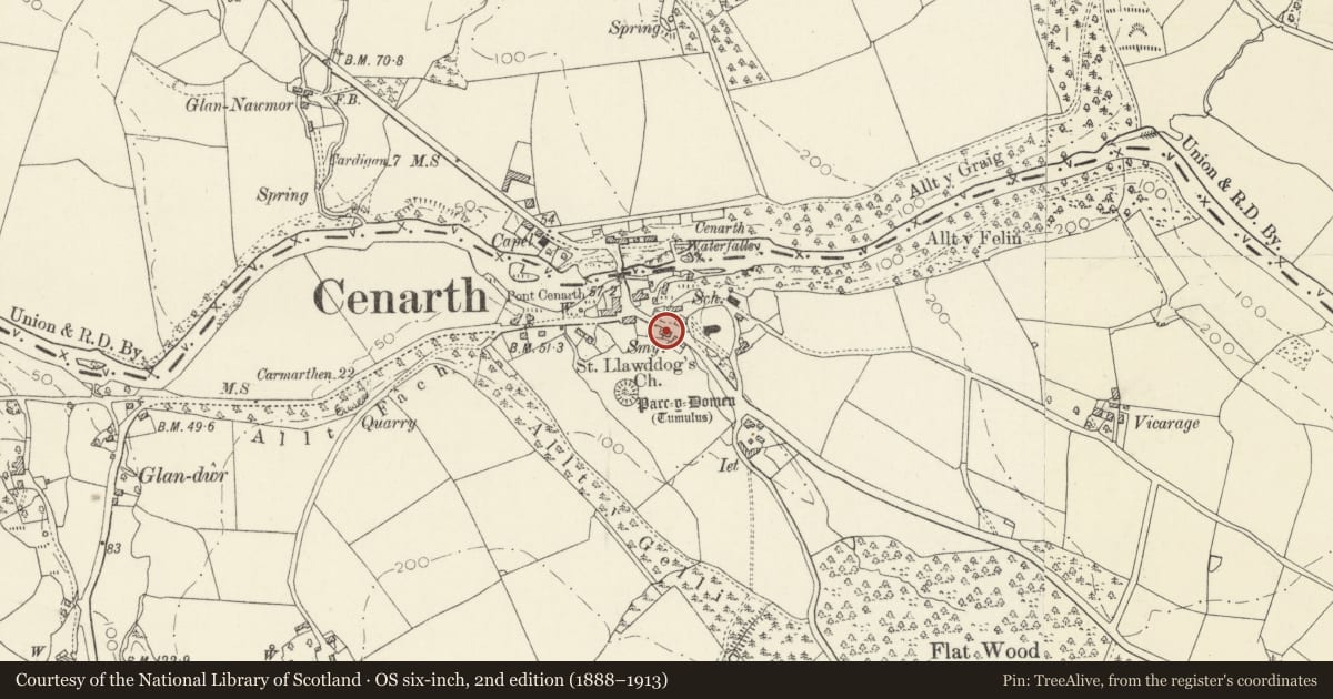 Ordnance Survey six-inch map, 2nd edition (1888–1913) covering the location of Penybanc, Cenarth, Carmarthenshire, with a pin at the register's coordinates