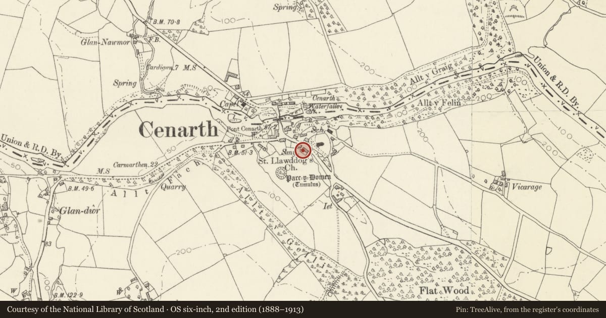Ordnance Survey six-inch map, 2nd edition (1888–1913) covering the location of Y Garth, Cenarth, Carmarthenshire, with a pin at the register's coordinates
