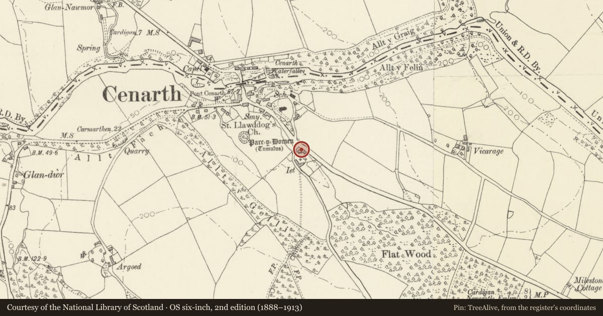 Ordnance Survey six-inch map, 2nd edition (1888–1913) covering the location of Yet Farmhouse, Cenarth, Carmarthenshire, with a pin at the register's coordinates