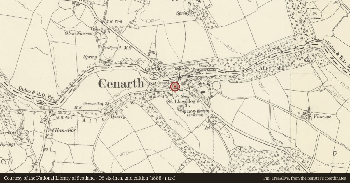 Ordnance Survey six-inch map, 2nd edition (1888–1913) covering the location of Mill Lodge, Cenarth, Carmarthenshire, with a pin at the register's coordinates