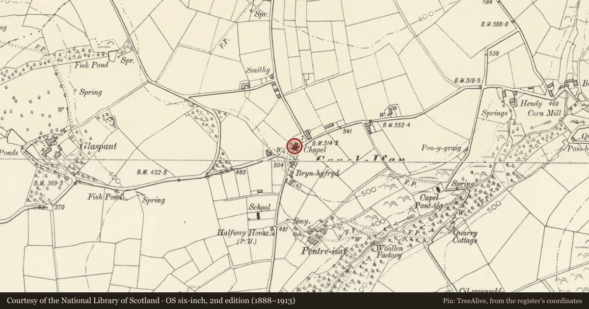 Ordnance Survey six-inch map, 2nd edition (1888–1913) covering the location of Capel Iwan (including front railings and gates), Cenarth, Carmarthenshire, with a pin at the register's coordinates