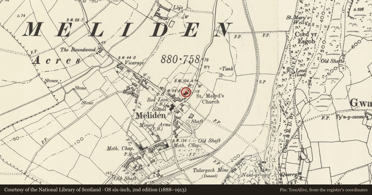 Ordnance Survey six-inch map, 2nd edition (1888–1913) covering the location of Church of St Melyd, Prestatyn, Denbighshire, with a pin at the register's coordinates