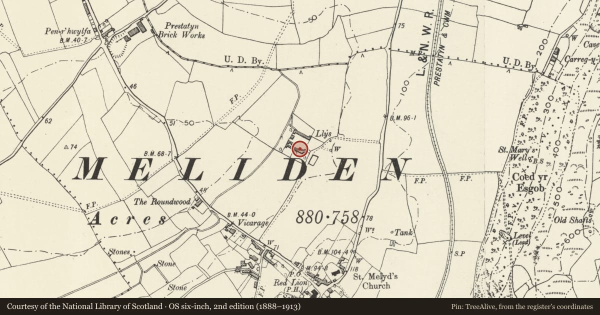 Ordnance Survey six-inch map, 2nd edition (1888–1913) covering the location of Llys Isfryn Farmhouse, Prestatyn, Denbighshire, with a pin at the register's coordinates