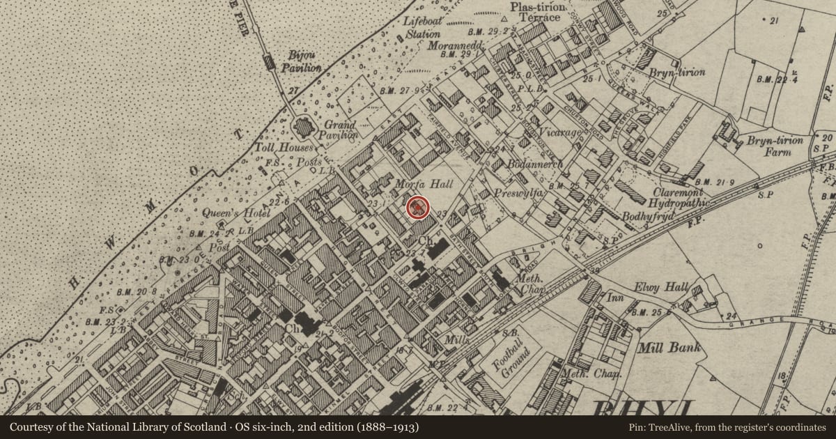 Ordnance Survey six-inch map, 2nd edition (1888–1913) covering the location of Tan-Lan, Rhyl, Denbighshire, with a pin at the register's coordinates