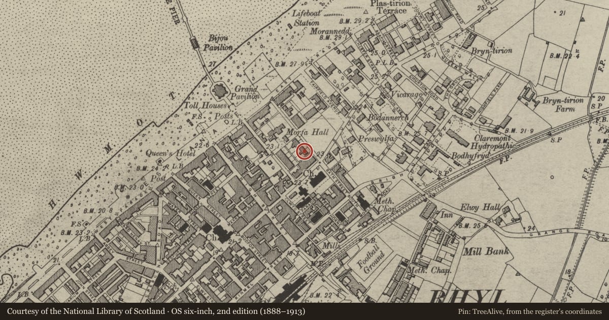 Ordnance Survey six-inch map, 2nd edition (1888–1913) covering the location of Springfields, Rhyl, Denbighshire, with a pin at the register's coordinates