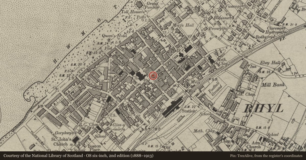 Ordnance Survey six-inch map, 2nd edition (1888–1913) covering the location of 2 Bodfor Street, Rhyl, Denbighshire, with a pin at the register's coordinates