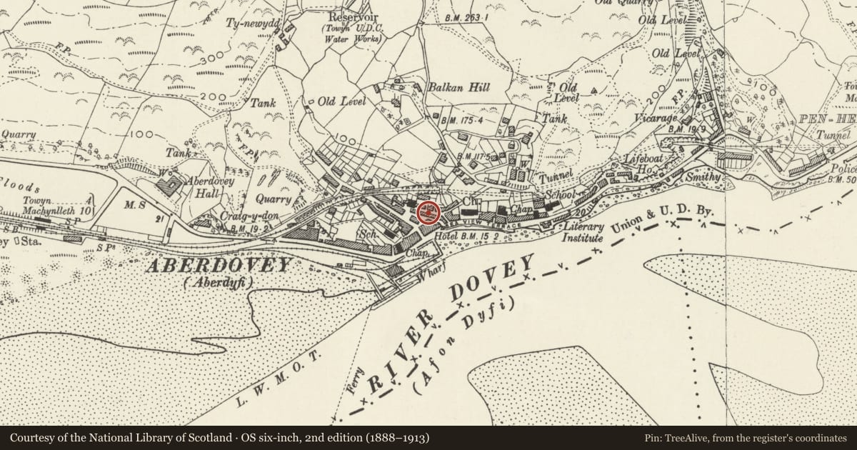 Ordnance Survey six-inch map, 2nd edition (1888–1913) covering the location of 10 New Street, Aberdovey, Gwynedd, with a pin at the register's coordinates