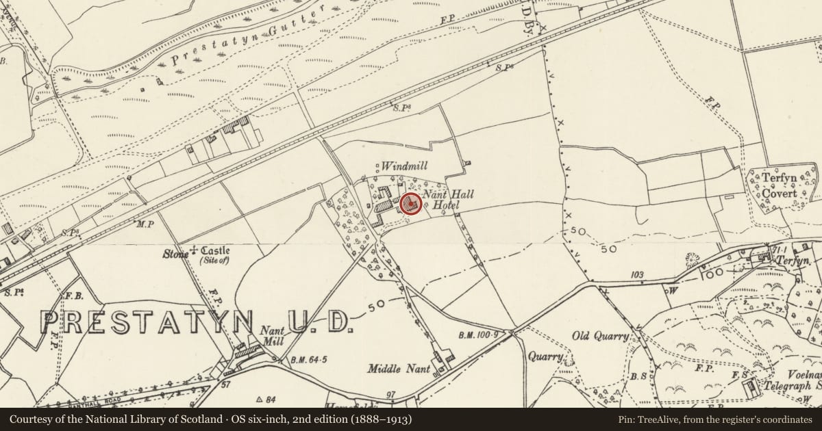 Ordnance Survey six-inch map, 2nd edition (1888–1913) covering the location of Nant Hall Hotel, Prestatyn, Denbighshire, with a pin at the register's coordinates