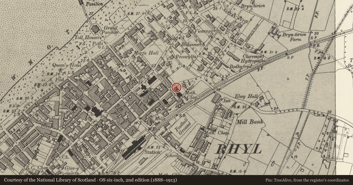 Ordnance Survey six-inch map, 2nd edition (1888–1913) covering the location of Former Manse to English Methodist Church, Rhyl, Denbighshire, with a pin at the register's coordinates