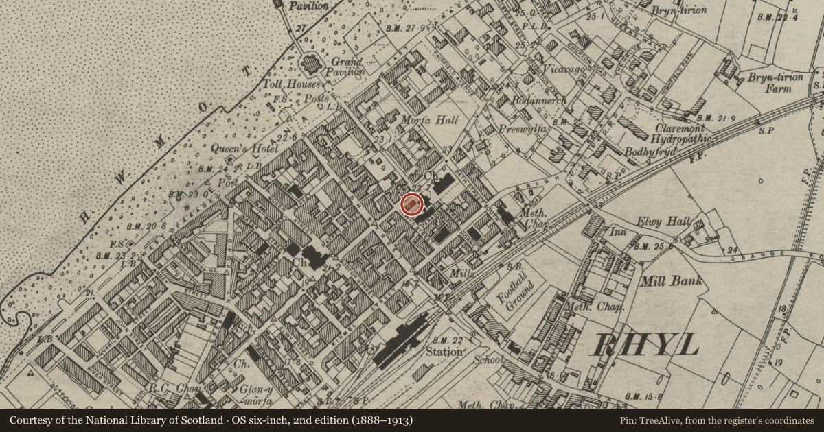 Ordnance Survey six-inch map, 2nd edition (1888–1913) covering the location of Church House, Rhyl, Denbighshire, with a pin at the register's coordinates