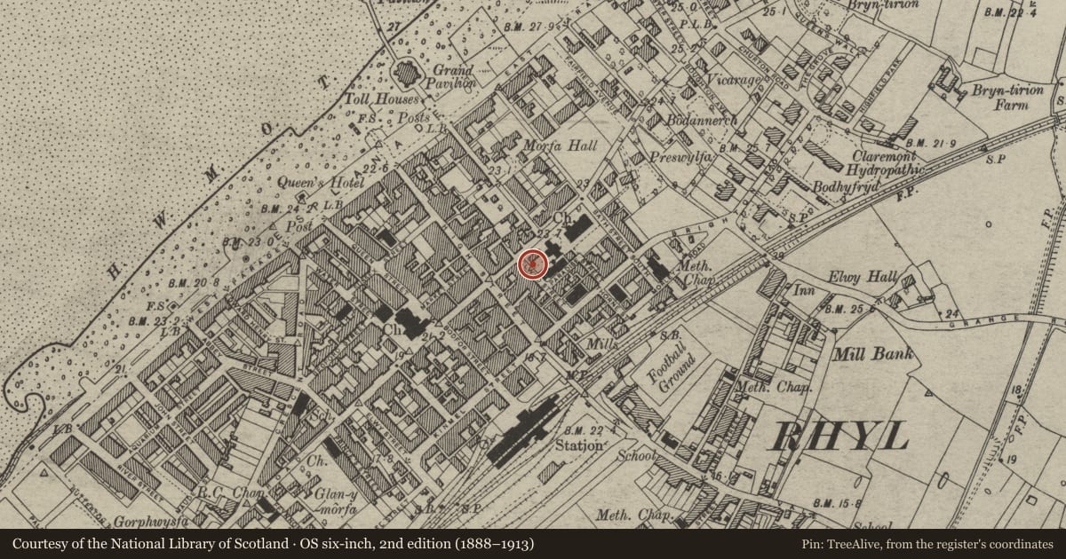 Ordnance Survey six-inch map, 2nd edition (1888–1913) covering the location of Gate Piers and Gated to Church House Side, Rhyl, Denbighshire, with a pin at the register's coordinates