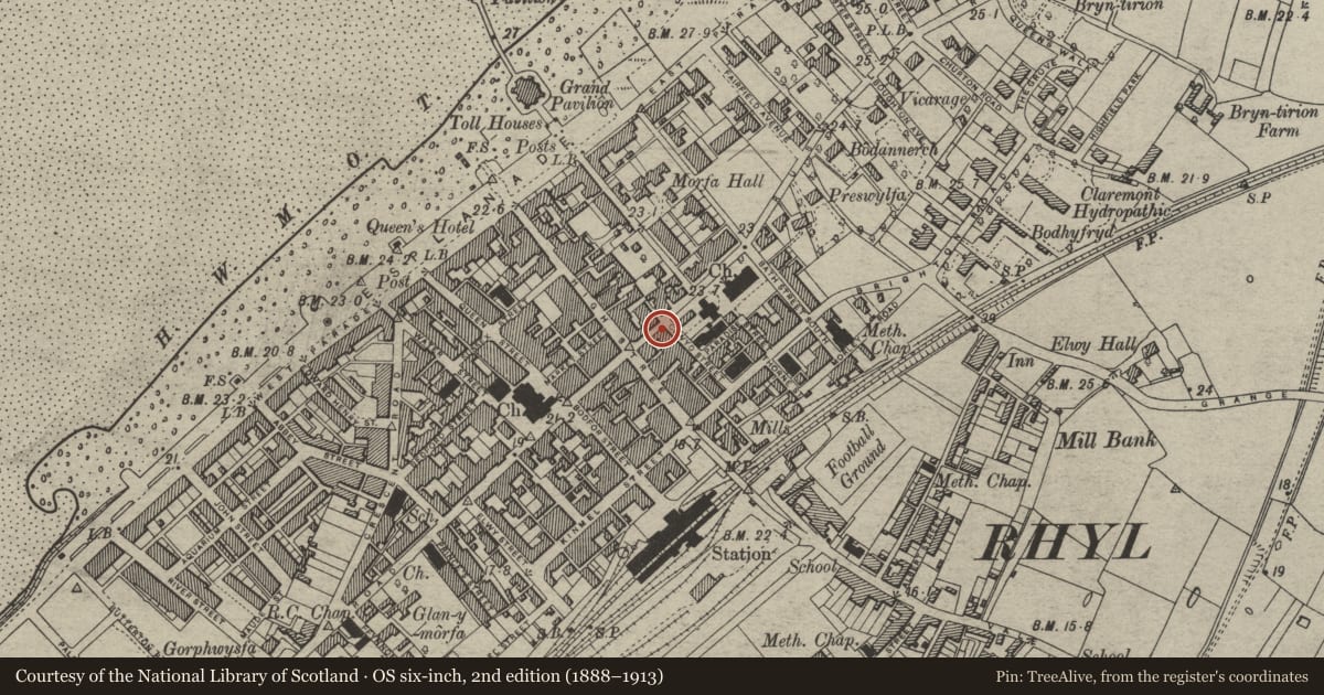 Ordnance Survey six-inch map, 2nd edition (1888–1913) covering the location of 2 Clwyd Street, Rhyl, Denbighshire, with a pin at the register's coordinates