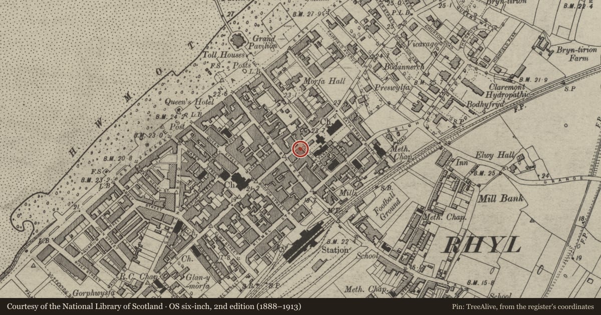 Ordnance Survey six-inch map, 2nd edition (1888–1913) covering the location of 3 Clwyd Street, Rhyl, Denbighshire, with a pin at the register's coordinates