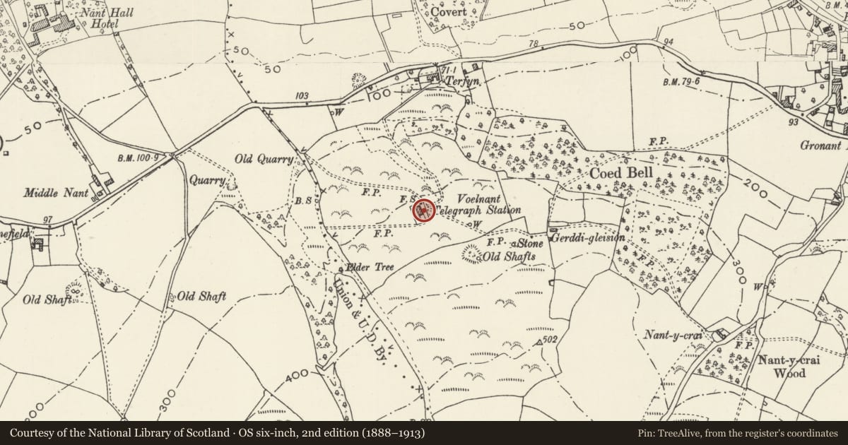 Ordnance Survey six-inch map, 2nd edition (1888–1913) covering the location of Foelnant Telegraph Station (former), Prestatyn, Denbighshire, with a pin at the register's coordinates