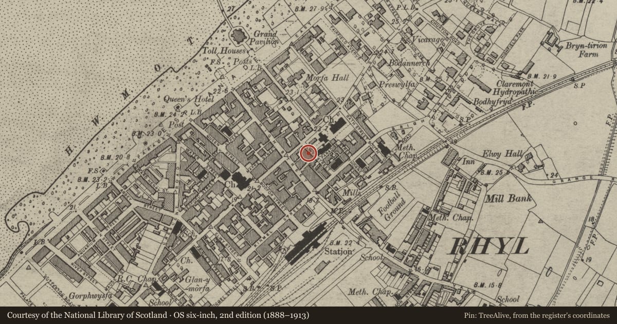 Ordnance Survey six-inch map, 2nd edition (1888–1913) covering the location of 7 Clwyd Street, Rhyl, Denbighshire, with a pin at the register's coordinates
