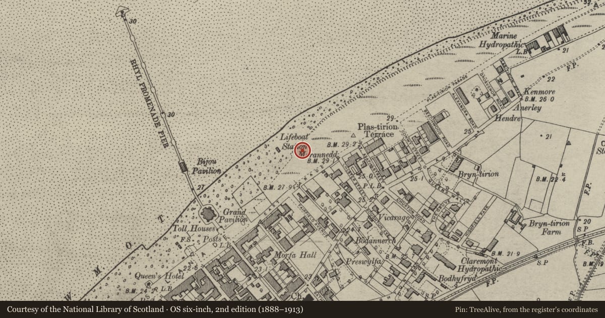 Ordnance Survey six-inch map, 2nd edition (1888–1913) covering the location of War Memorial, Rhyl, Denbighshire, with a pin at the register's coordinates