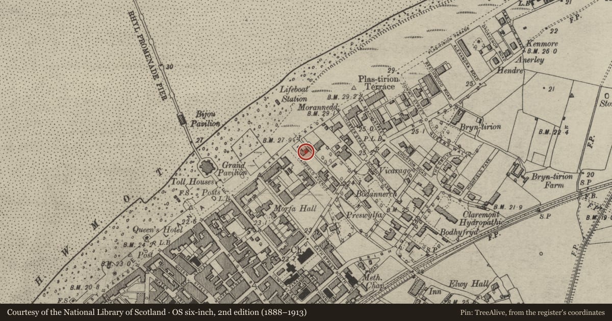 Ordnance Survey six-inch map, 2nd edition (1888–1913) covering the location of Grafton Lodge, Rhyl, Denbighshire, with a pin at the register's coordinates