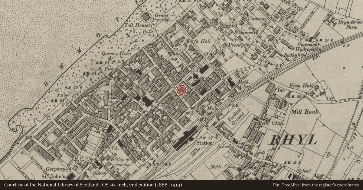 Ordnance Survey six-inch map, 2nd edition (1888–1913) covering the location of New Inn, Rhyl, Denbighshire, with a pin at the register's coordinates