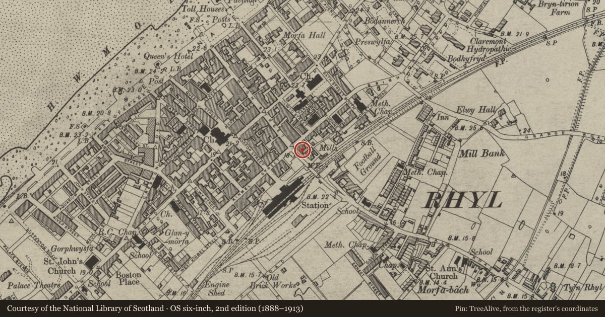 Ordnance Survey six-inch map, 2nd edition (1888–1913) covering the location of 137 High Street, Rhyl, Denbighshire, with a pin at the register's coordinates