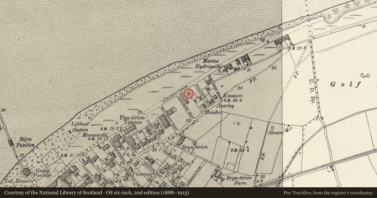 Ordnance Survey six-inch map, 2nd edition (1888–1913) covering the location of Royal Alexandra Hospital, Rhyl, Denbighshire, with a pin at the register's coordinates