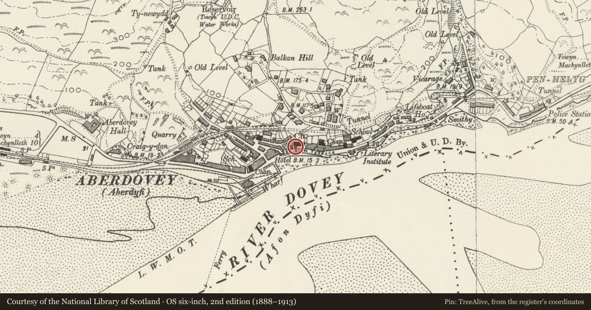 Ordnance Survey six-inch map, 2nd edition (1888–1913) covering the location of South Entrance Archway Ramp, Wall and Railings to St Peter's churchyard, Aberdovey, Gwynedd, with a pin at the register's coordinates