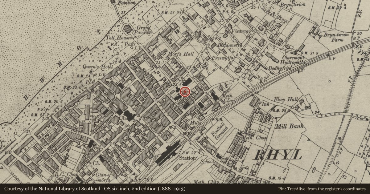 Ordnance Survey six-inch map, 2nd edition (1888–1913) covering the location of 14 Paradise Street, Rhyl, Denbighshire, with a pin at the register's coordinates