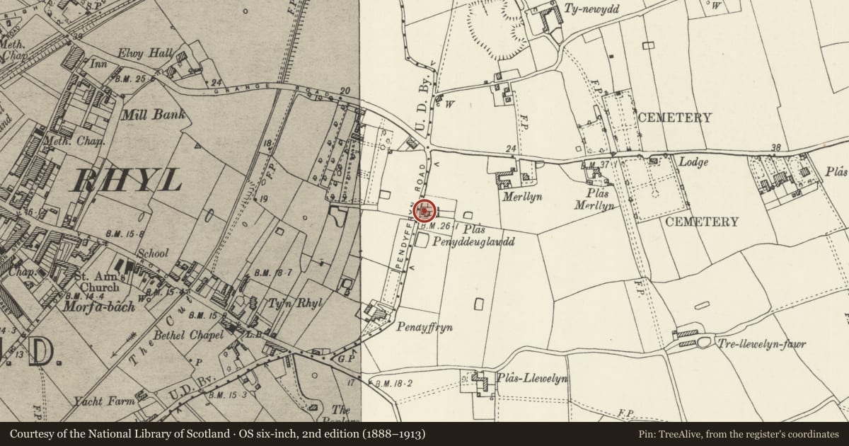Ordnance Survey six-inch map, 2nd edition (1888–1913) covering the location of Plas Penyddeuglawdd, Rhyl, Denbighshire, with a pin at the register's coordinates