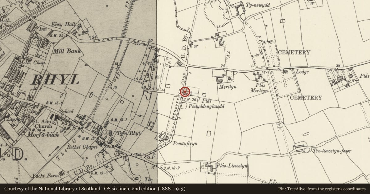 Ordnance Survey six-inch map, 2nd edition (1888–1913) covering the location of Plas Penyddeuglawdd, Rhyl, Denbighshire, with a pin at the register's coordinates