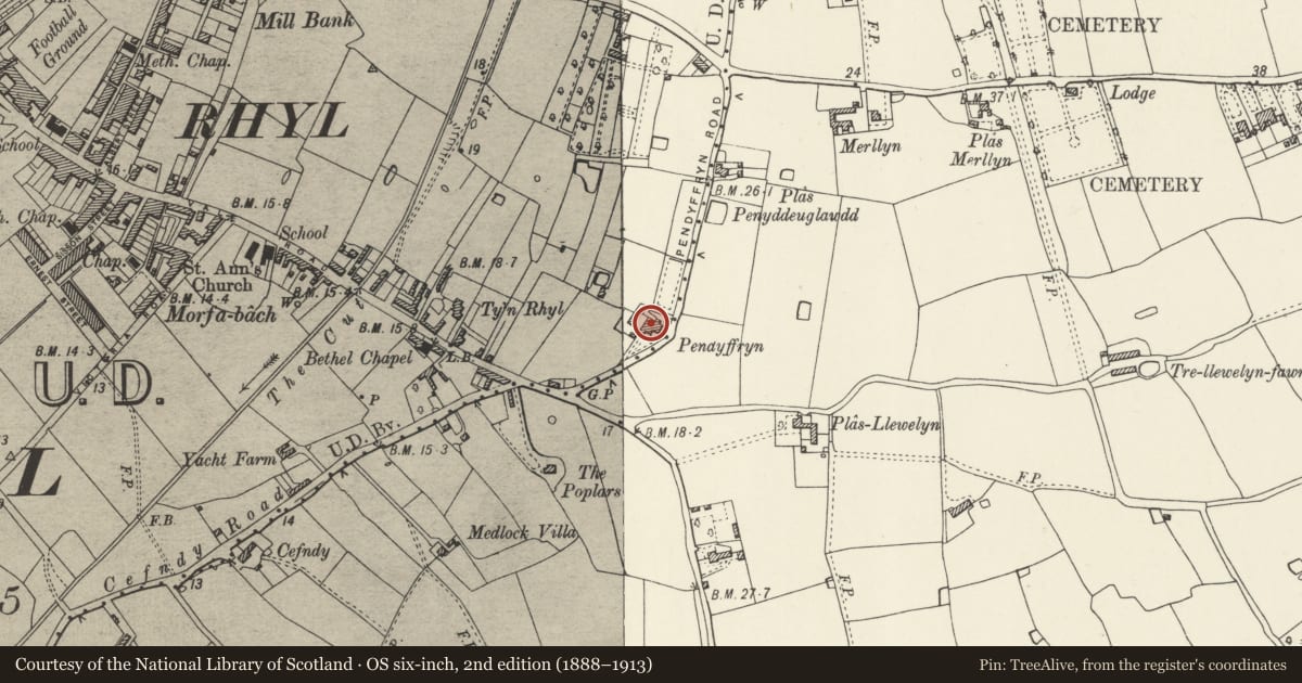 Ordnance Survey six-inch map, 2nd edition (1888–1913) covering the location of Pendyffryn, Rhyl, Denbighshire, with a pin at the register's coordinates