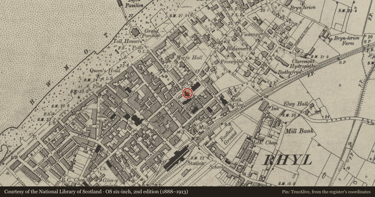 Ordnance Survey six-inch map, 2nd edition (1888–1913) covering the location of Church of the Holy Trinity, Rhyl, Denbighshire, with a pin at the register's coordinates