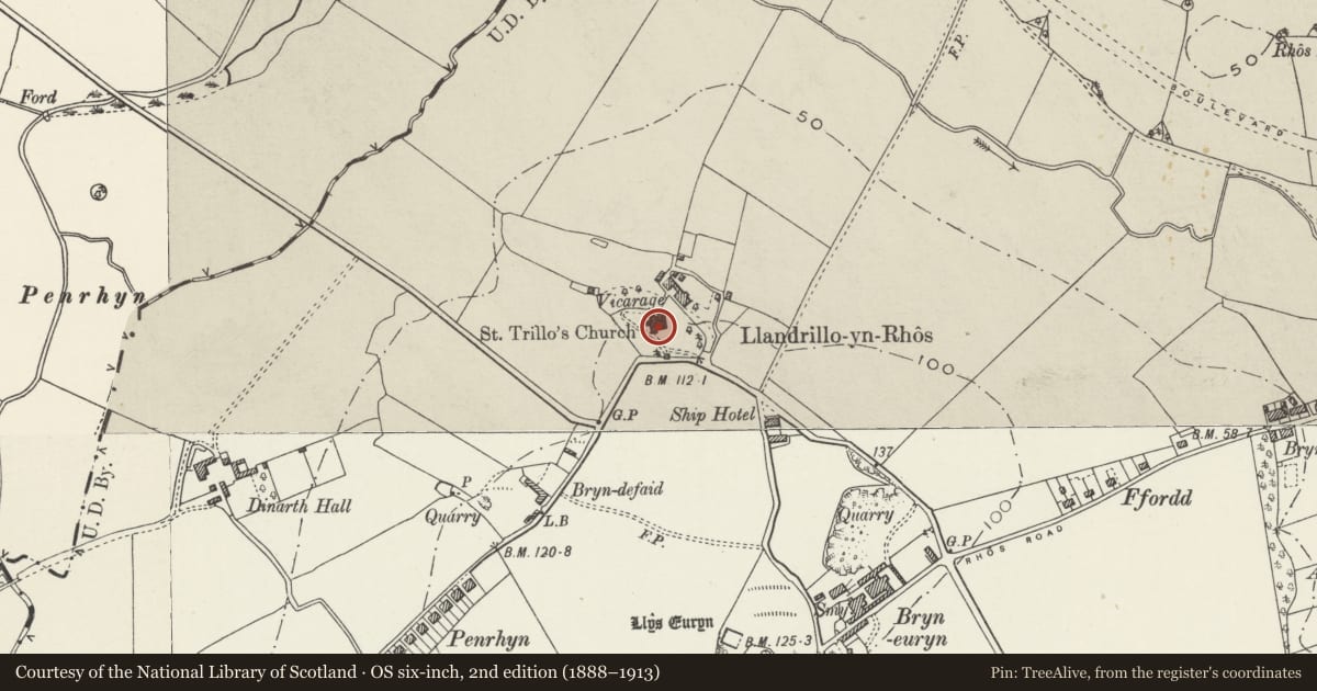 Ordnance Survey six-inch map, 2nd edition (1888–1913) covering the location of Church of St Trillo, Llandrillo-yn-Rhos/Rhos-on-Sea, Conwy, with a pin at the register's coordinates