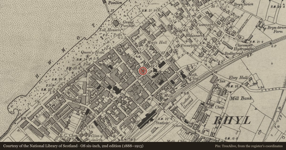 Ordnance Survey six-inch map, 2nd edition (1888–1913) covering the location of The Swan P H, Rhyl, Denbighshire, with a pin at the register's coordinates