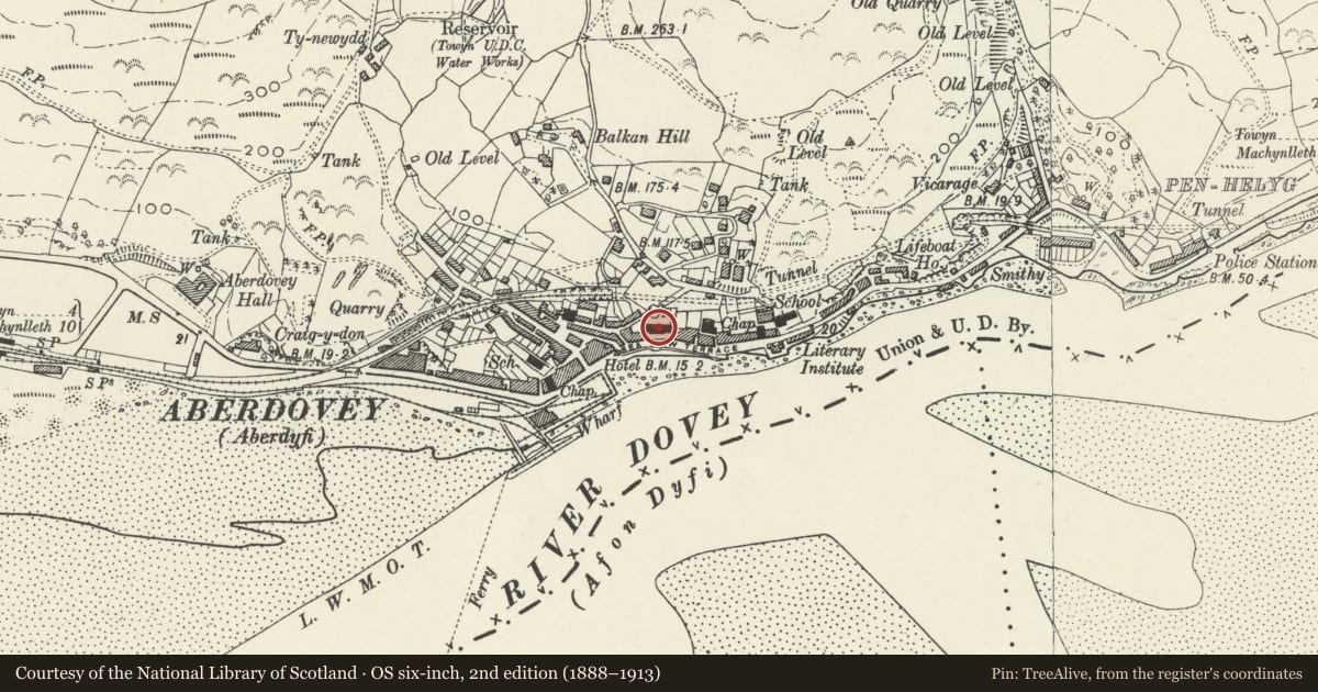 Ordnance Survey six-inch map, 2nd edition (1888–1913) covering the location of St Peter's Church, Aberdovey, Gwynedd, with a pin at the register's coordinates