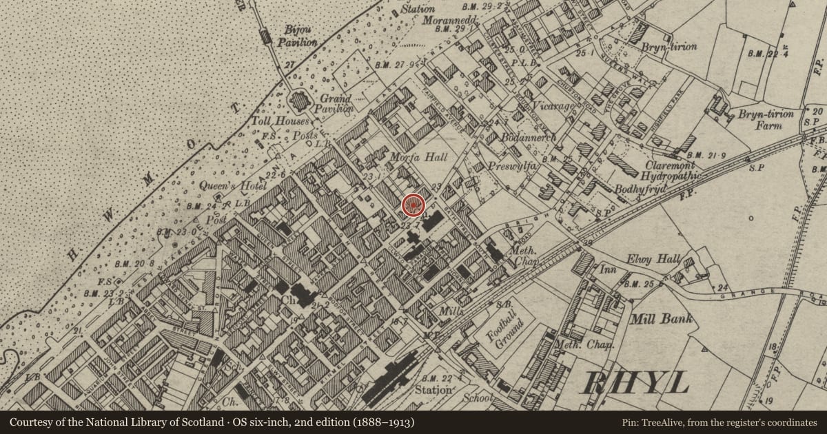 Ordnance Survey six-inch map, 2nd edition (1888–1913) covering the location of 35 Russell Road, Rhyl, Denbighshire, with a pin at the register's coordinates
