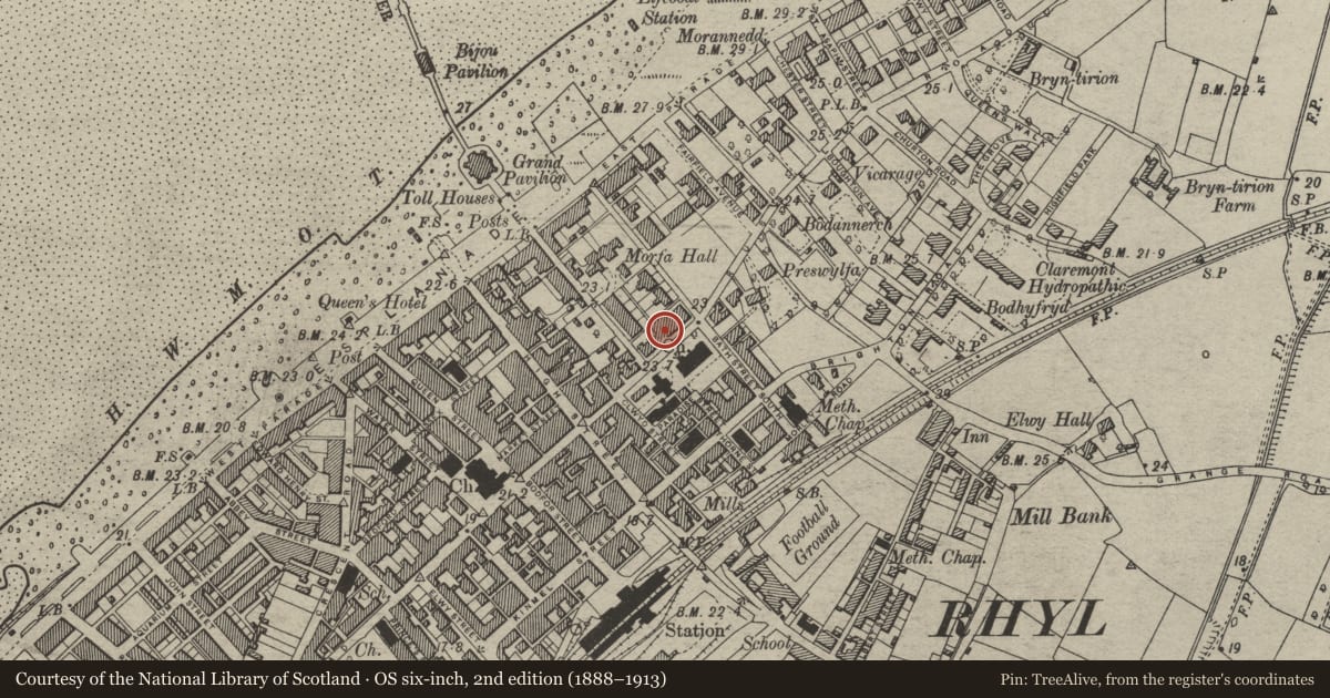 Ordnance Survey six-inch map, 2nd edition (1888–1913) covering the location of 37 Russell Road, Rhyl, Denbighshire, with a pin at the register's coordinates