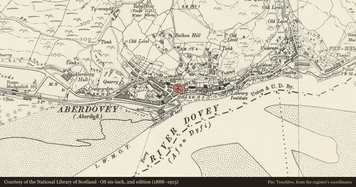 Ordnance Survey six-inch map, 2nd edition (1888–1913) covering the location of House attached to The Gallery, Aberdovey, Gwynedd, with a pin at the register's coordinates
