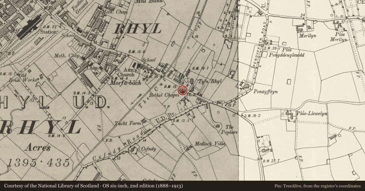 Ordnance Survey six-inch map, 2nd edition (1888–1913) covering the location of Bethel Calvinistic Methodist Church, Rhyl, Denbighshire, with a pin at the register's coordinates
