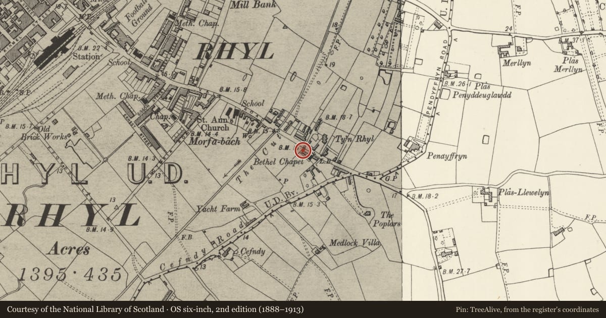 Ordnance Survey six-inch map, 2nd edition (1888–1913) covering the location of Manse, Rhyl, Denbighshire, with a pin at the register's coordinates