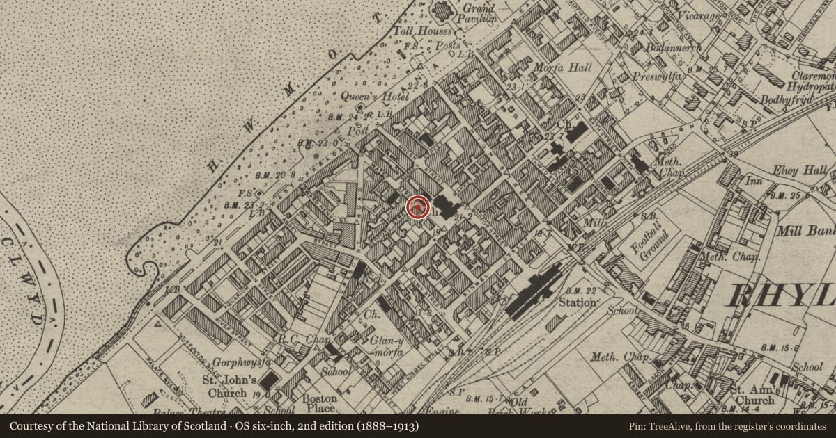 Ordnance Survey six-inch map, 2nd edition (1888–1913) covering the location of 14 Water Street, Rhyl, Denbighshire, with a pin at the register's coordinates