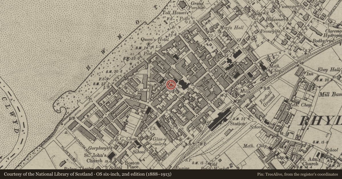 Ordnance Survey six-inch map, 2nd edition (1888–1913) covering the location of 14A Water Street, Rhyl, Denbighshire, with a pin at the register's coordinates