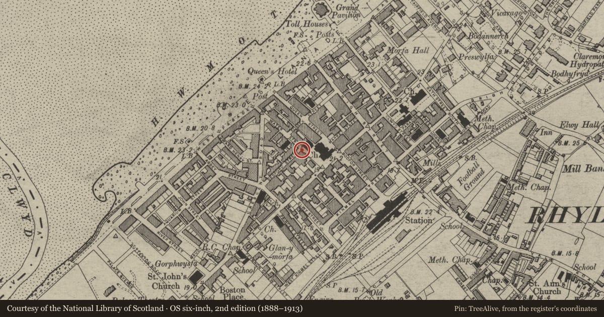 Ordnance Survey six-inch map, 2nd edition (1888–1913) covering the location of 16 Water Street, Rhyl, Denbighshire, with a pin at the register's coordinates